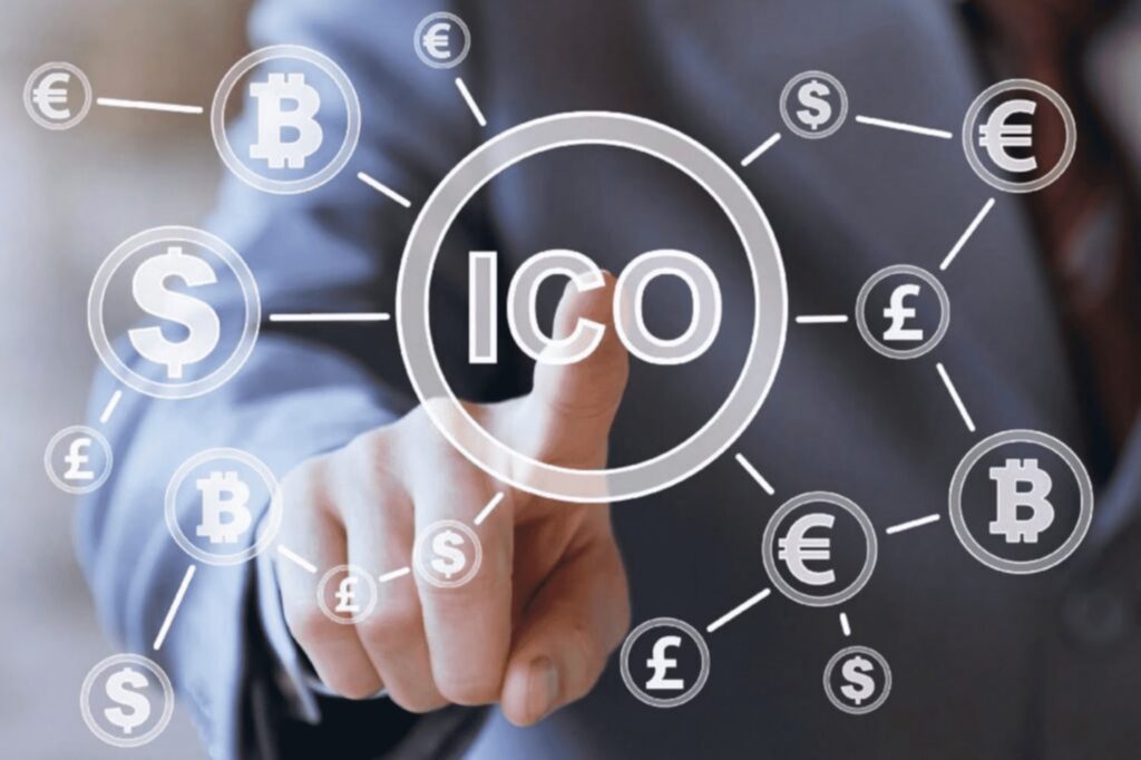 ICO concept with global currency symbols.