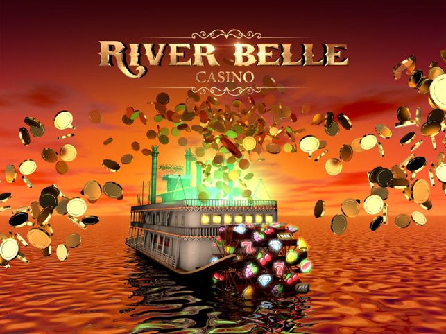 Riverboat casino with floating coins and gems.