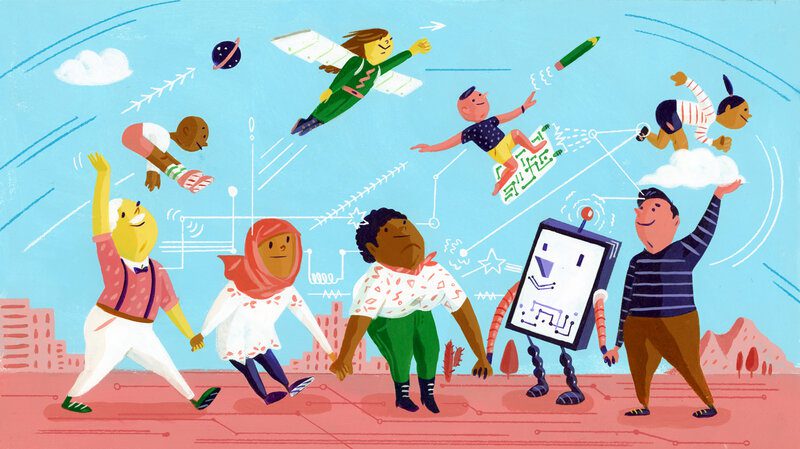 Diverse group with flying children and robot.