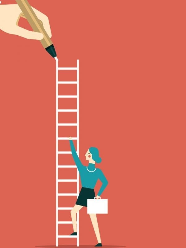 Woman climbing ladder with hand drawing steps.