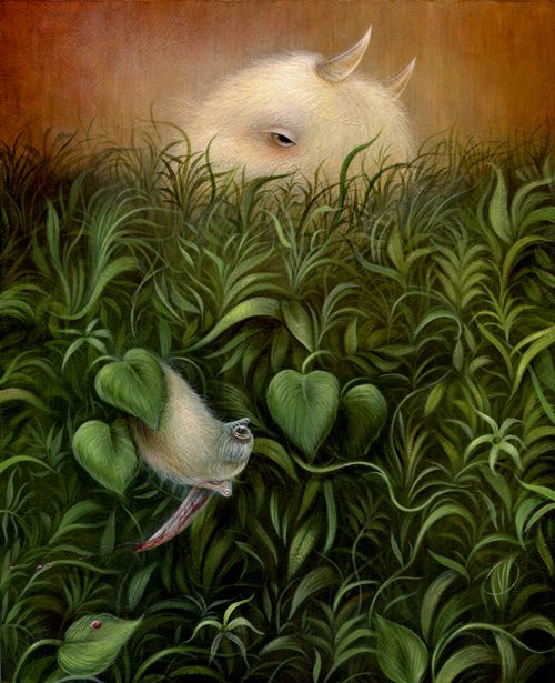 Creature and bird hidden in lush foliage.