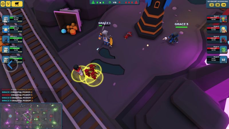 Video game characters battling near train tracks.