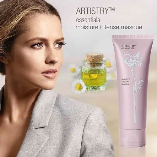 Skincare product with woman and chamomile.