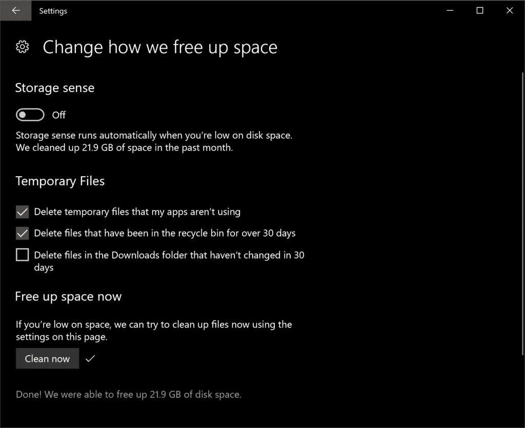 Settings for freeing up disk space.