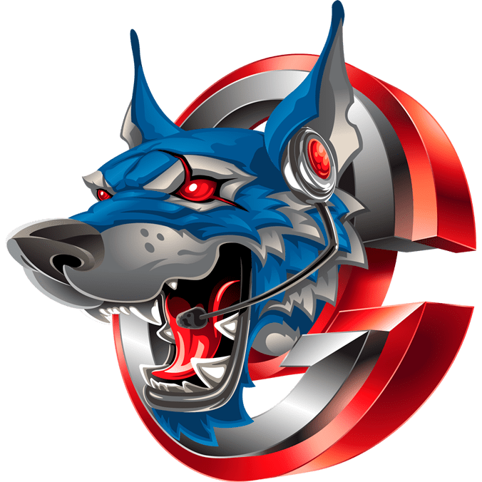 Blue wolf with headset, red eyes logo.