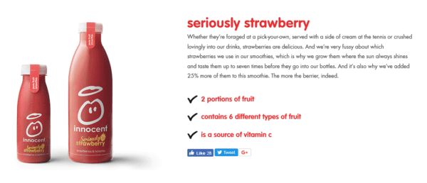 Strawberry smoothie bottles with product description.
